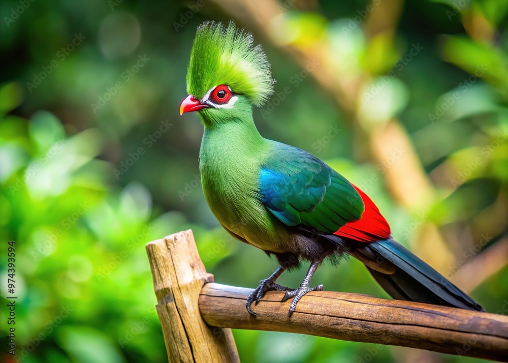 Obraz premium Vibrant green turaco bird perched on wooden rod, against a blurred background, with outstretched wings and crest, showcasing its unique plumage and striking features.