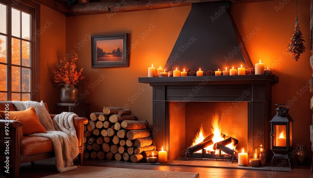 A cozy living room with a warm fireplace, candles, and autumn decor, creating a relaxing atmosphere. A cozy living room with a warm fireplace, candles, and autumn decor, creating a relaxing atmosphere.
