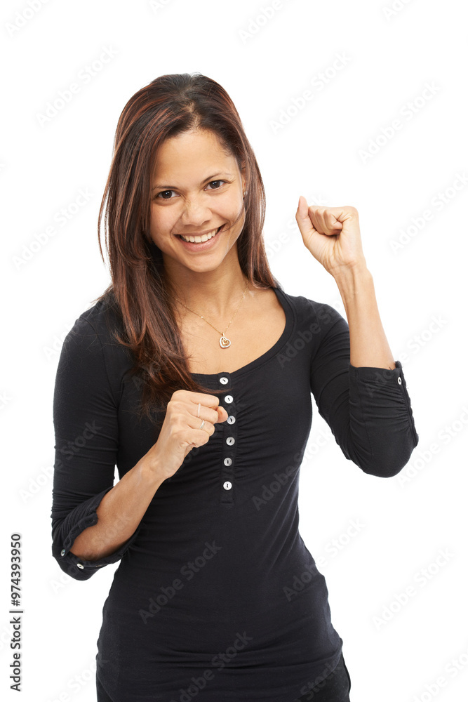 Fist pump, portrait and happy woman celebrate winning lottery prize, success and victory. Face, yes and person cheers for bonus, promotion or excited for good news isolated on white studio background Fist pump, portrait and happy woman celebrate winning lottery prize, success and victory. Face, yes and person cheers for bonus, promotion or excited for good news isolated on white studio background