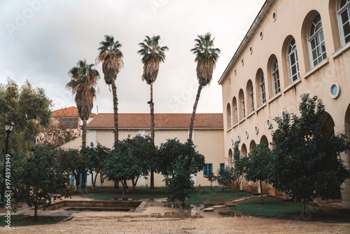 Inner yard of Suzanne Dellal Centre for Dance and Theatre in Tel Aviv, Israel on a rainy day