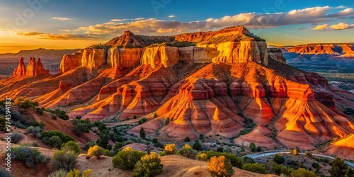 Vibrant orange-red rock formations rise from the desert landscape at sunset, casting long shadows in the rugged and expansive terrain of Red Mesa, Utah.