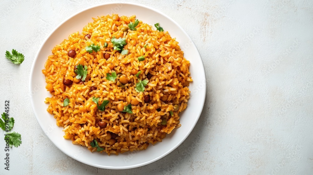 A traditional Puerto Rican arroz con gandules, rice with pigeon peas, on a white plate with ample space for text or communication. A traditional Puerto Rican arroz con gandules, rice with pigeon peas, on a white plate with ample space for text or communication.