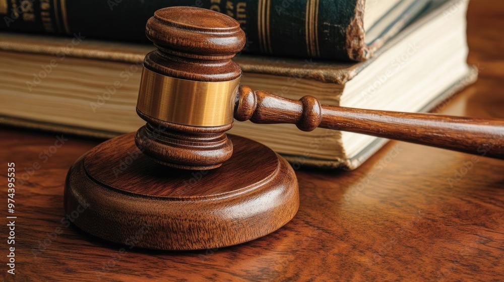 A wooden gavel placed on a desk next to law books, representing courtroom justice and legal power. A wooden gavel placed on a desk next to law books, representing courtroom justice and legal power.
