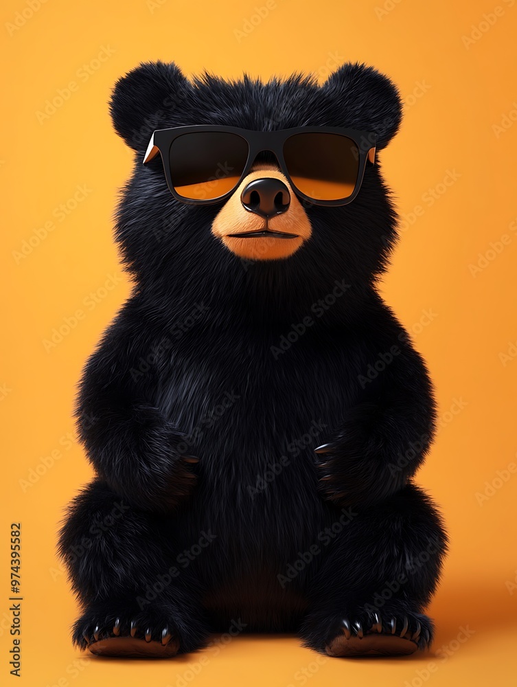 A cute black bear wearing sunglasses sits on an orange background.