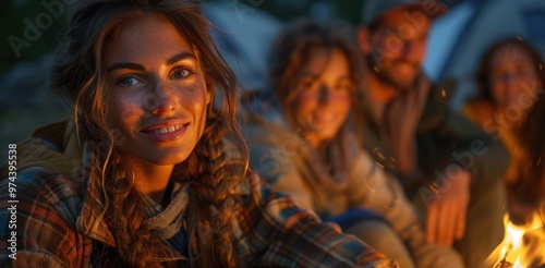 Smiling Woman by the Campfire with Friends in the Background