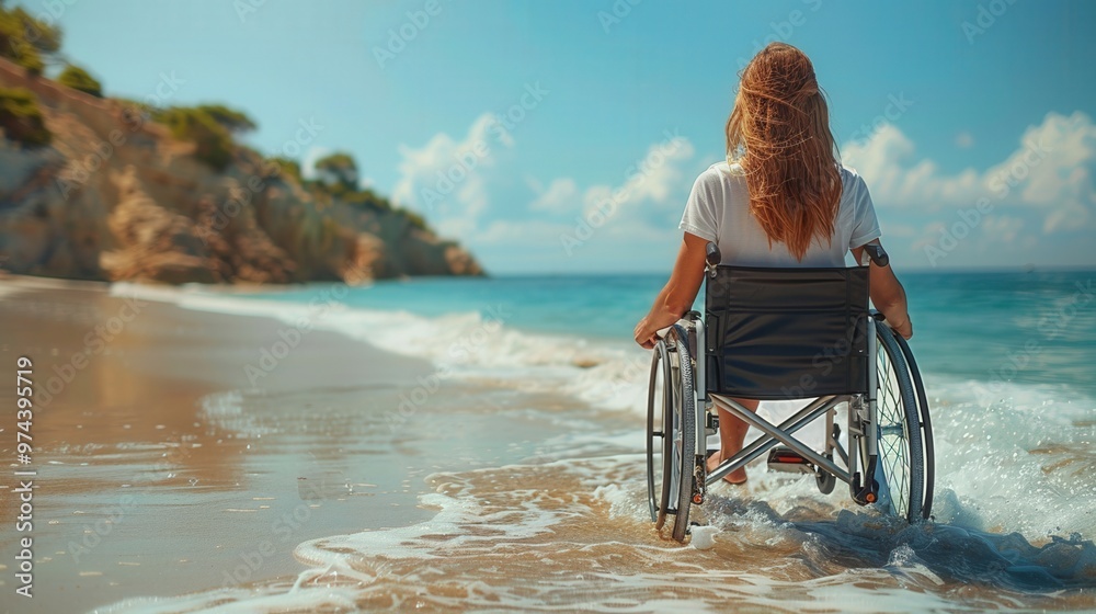 Fototapeta premium Woman in Wheelchair Rolling Towards the Ocean