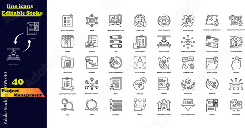 Editable stroke icon collection for project management, featuring icons for time management and planning. This set includes customizable outline icons for effective project organization.