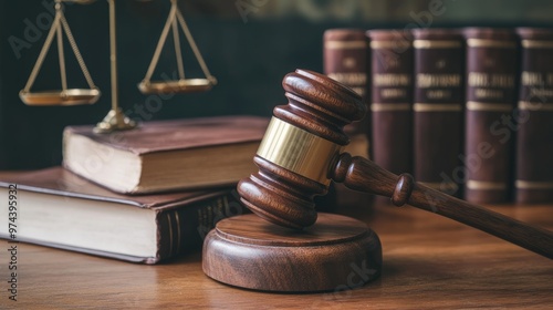 A wooden gavel placed on a desk next to law books, representing courtroom justice and legal power.