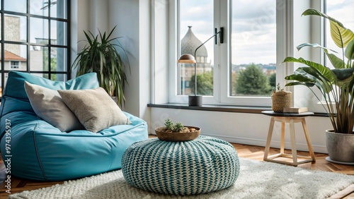 Bean bag chair in corner. Scandinavian, boho interior design of modern living room.
 photo