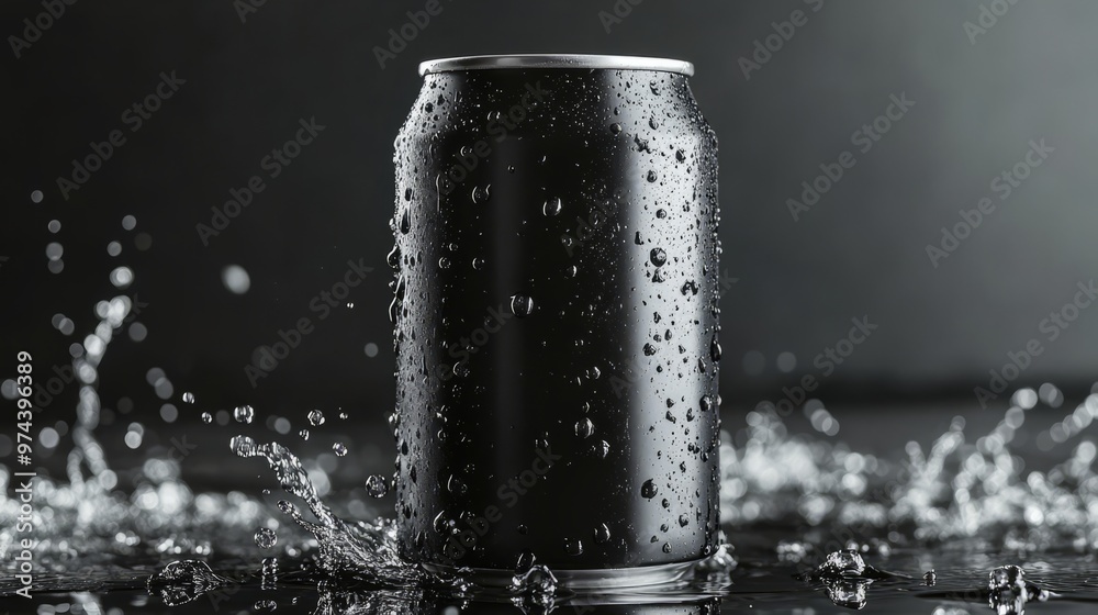 Blank Black Aluminum Soda Can with Water Droplets on Gray Background for Mockups and Design Presentation Blank Black Aluminum Soda Can with Water Droplets on Gray Background for Mockups and Design Presentation