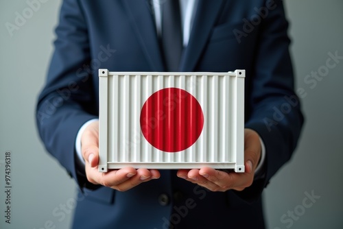 Businessman holding a container loaded with goods from Japan, Products made in Japan. Generative AI