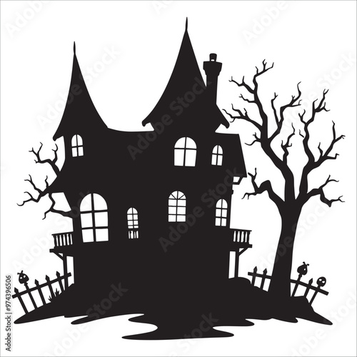 Halloween haunted house, vector illustration. Black silhouette on white background.