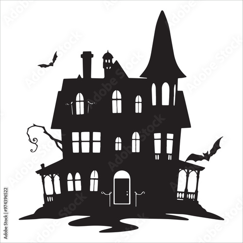 Halloween haunted house, vector illustration. Black silhouette on white background.