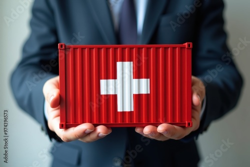 Businessman holding a container loaded with goods from Switzerland. Generative AI