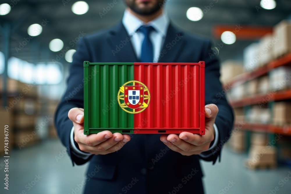 Obraz premium Businessman holding a container loaded with goods from Portugal. Generative AI