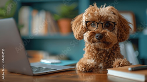 Cute brown cavapoo dog with glasses at office desk