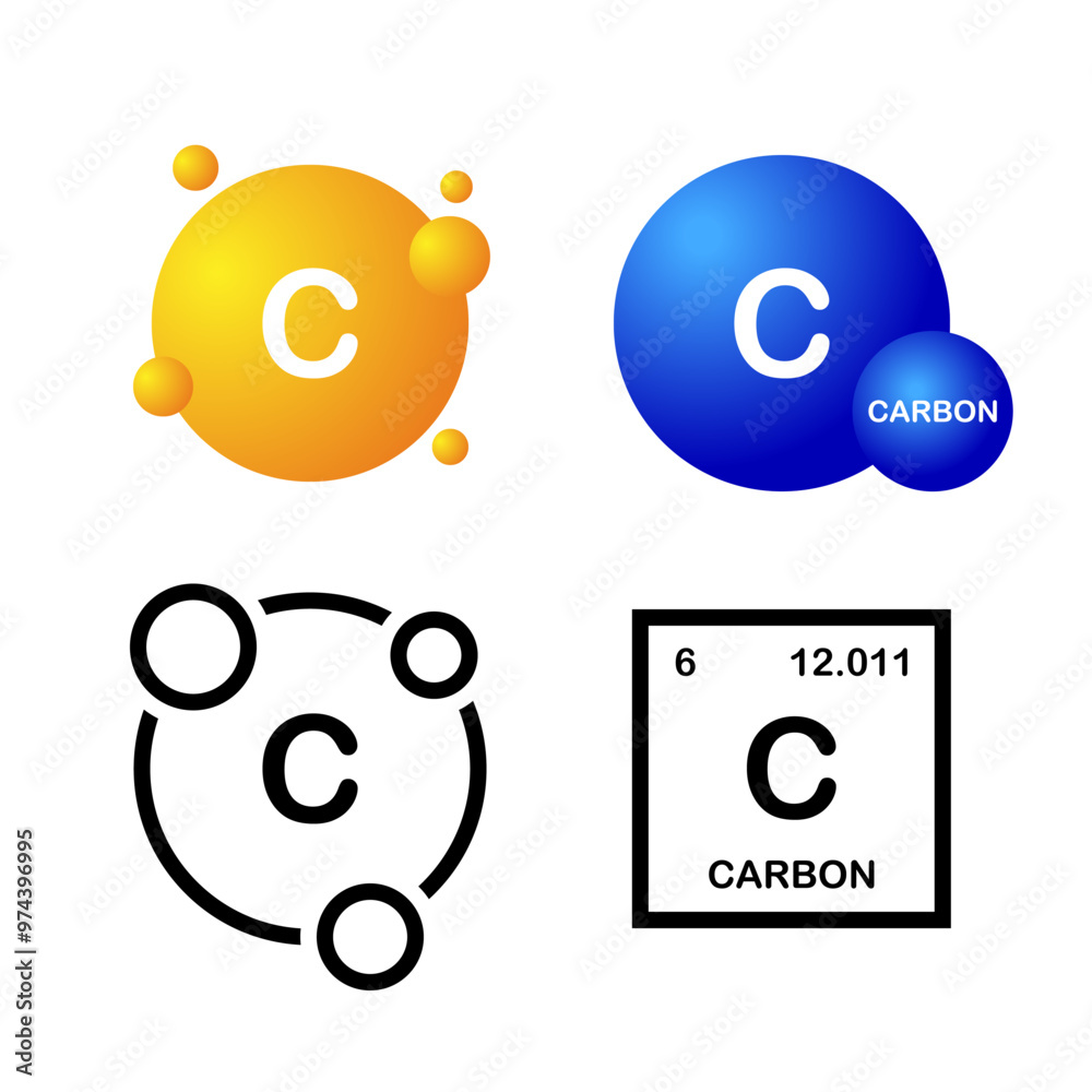 Carbon, chemical element. C, or Carbon sign in a periodic table. Vector set. Chemistry and scientific research concept Carbon, chemical element. C, or Carbon sign in a periodic table. Vector set. Chemistry and scientific research concept