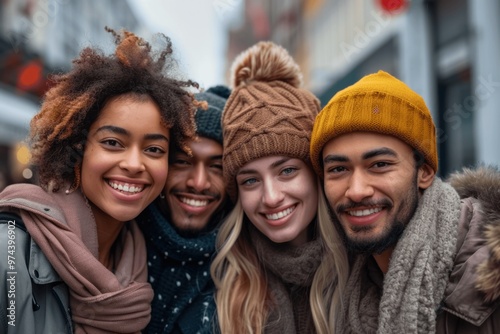Joyful multiracial friends celebrating in urban winter street