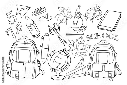 simple drawn set of school supplies isolated on white background