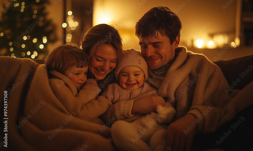 Cozy family scene with parents and children relaxing on a sofa, wrapped in warm blankets under soft lighting, embracing comfort and togetherness.
Cozy family scene with parents and children relaxing on a sofa, wrapped in warm blankets under soft lighting, embracing comfort and togetherness.