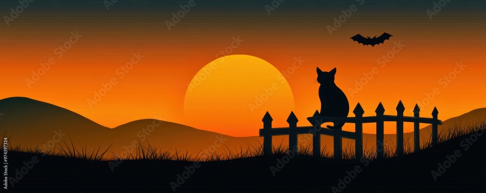 Black cat sitting on a fence under a crescent moon, Halloween,banner,paper cut style, Black cat sitting on a fence under a crescent moon, Halloween,banner,paper cut style,