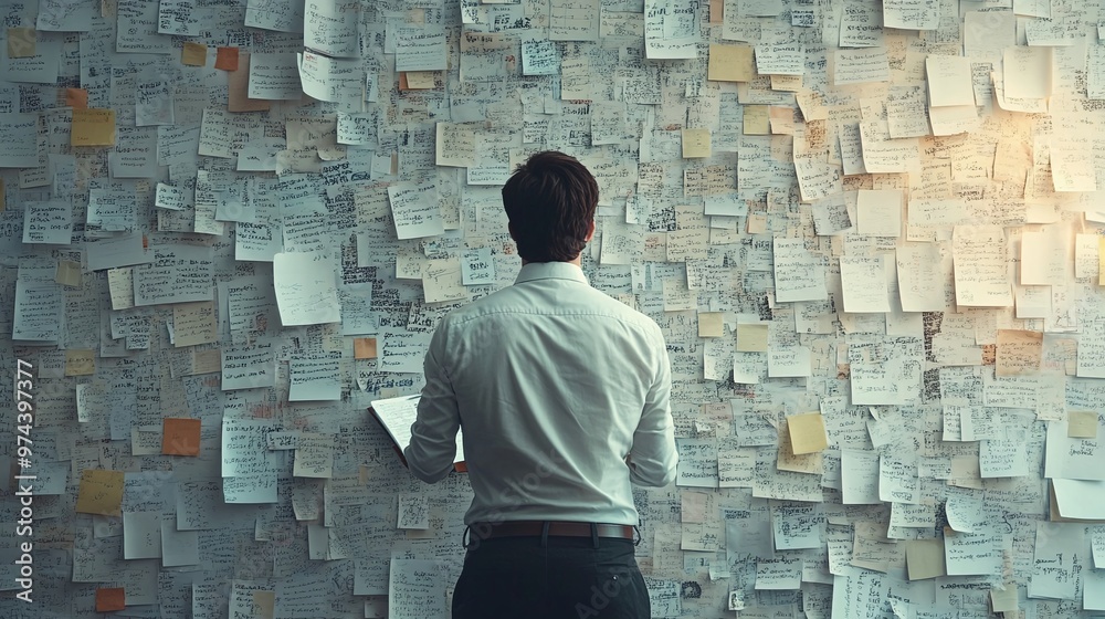 man brainstorming in front of note-covered wall, planning strategy and research work, observation and creative process in action man brainstorming in front of note-covered wall, planning strategy and research work, observation and creative process in action