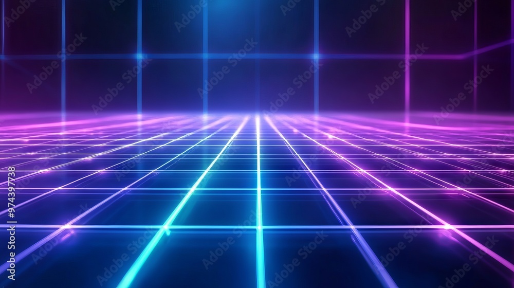Cyan blue and purple grids neon glow light lines design on perspective floor, creativity, digital, internet, cyberpunk, virtual reality concept, hi-tech abstract backgroud. Cyan blue and purple grids neon glow light lines design on perspective floor, creativity, digital, internet, cyberpunk, virtual reality concept, hi-tech abstract backgroud.