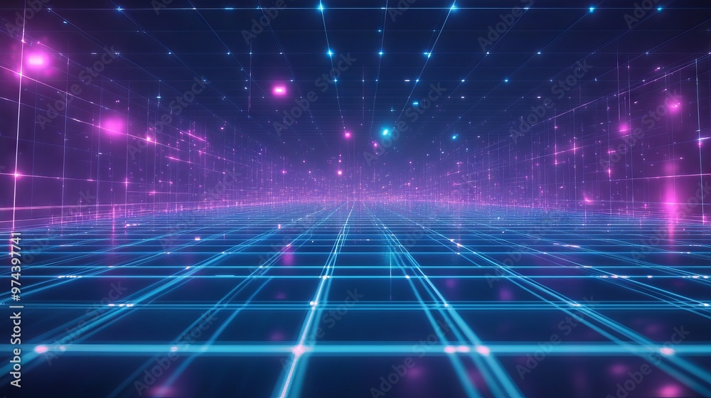 Cyan blue and purple grids neon glow light lines design on perspective floor, creativity, digital, internet, cyberpunk, virtual reality concept, hi-tech abstract backgroud.