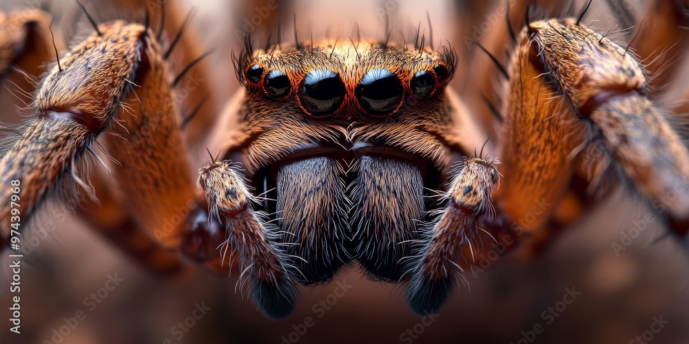 Fototapeta premium Detailed macro shot of a spider’s head with sharp focus on its multiple eyes and hairy legs