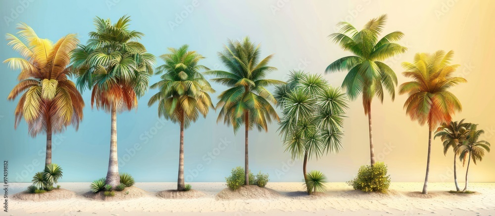 Tropical Paradise: A Row of Palm Trees on a Sandy Beach Tropical Paradise: A Row of Palm Trees on a Sandy Beach