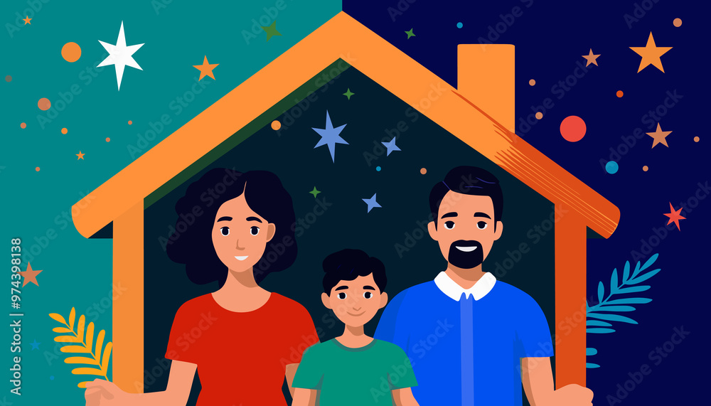 positive good mood parents children dressed casual clothes showing arms roof indoors house positive good mood parents children dressed casual clothes showing arms roof indoors house