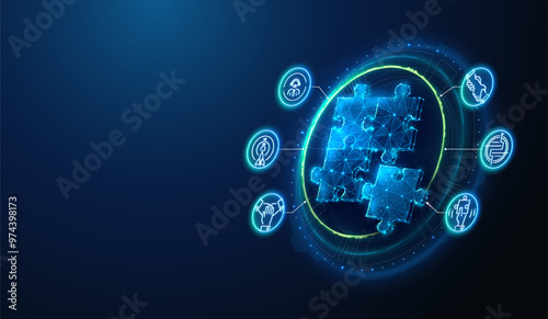 Abstract illustration of putting together the puzzle complete in low poly style. Blue geometric background depicting business teamwork and problem solving concept by wireframe connection structure