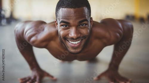 A shirtless man is happily doing pushups in a gym