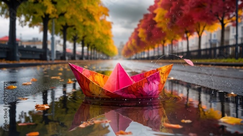 A paper boat floating on top of a puddle of water, view from the streets