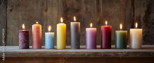 A row of beautiful scented, aromatherapy soy or beeswax candles in different colours on a rustic wood bench. Suitable for a wide header or banner.