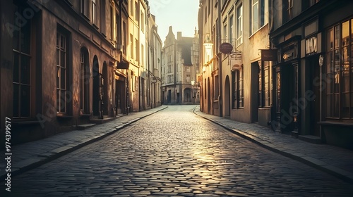 Peaceful Cobblestone Street at Dawn in Quaint Historic City