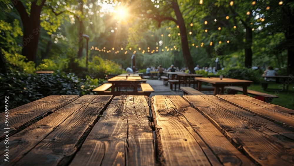 Summer Outdoor Beer Festival with Wooden Tables and Garlands in Park Summer Outdoor Beer Festival with Wooden Tables and Garlands in Park