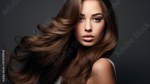 A woman with brown long hair. Portrait of a young model. A beautiful girl with a face dollike shows off her hairstyle