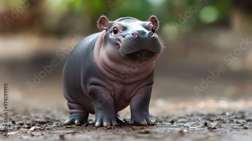 Chubby baby hippo standing on short legs, its pudgy body and playful demeanor melting hearts instantly.