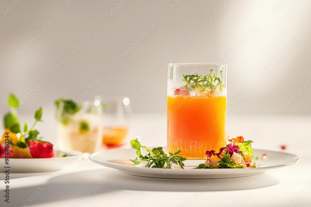 A vibrant cocktail garnished with herbs and flowers, accompanied by fruit on a plate. A vibrant cocktail garnished with herbs and flowers, accompanied by fruit on a plate.