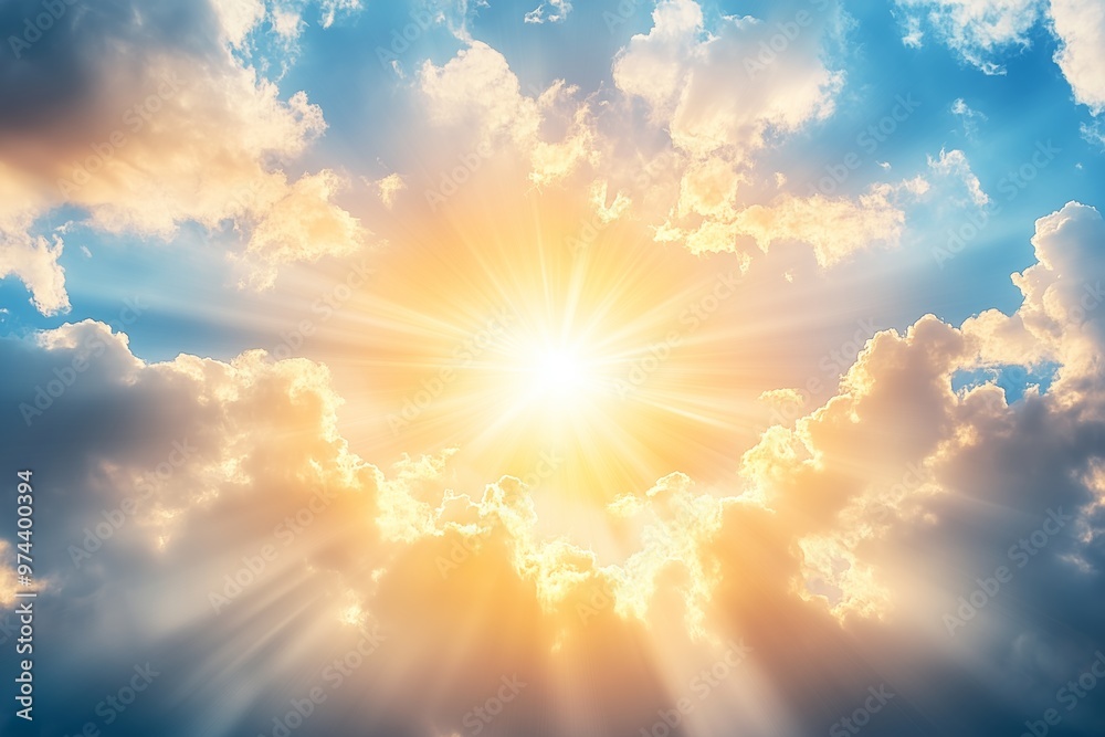Vibrant sunlight breaking through clouds during a serene morning sky at dawn Vibrant sunlight breaking through clouds during a serene morning sky at dawn