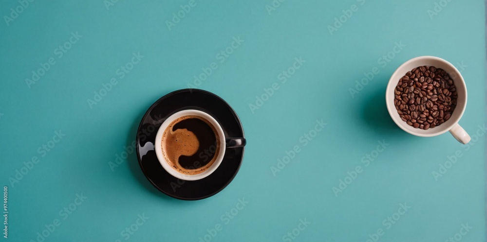 A coffee cup on green colour background, A top view of coffee cup background image. A coffee cup on green colour background, A top view of coffee cup background image.