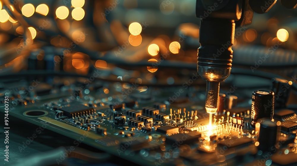 Close-up of professional soldering iron and electronic components on workbench, glowing ready for use, circuit boards in background, technical repair and electronics assembly concept. Close-up of professional soldering iron and electronic components on workbench, glowing ready for use, circuit boards in background, technical repair and electronics assembly concept.