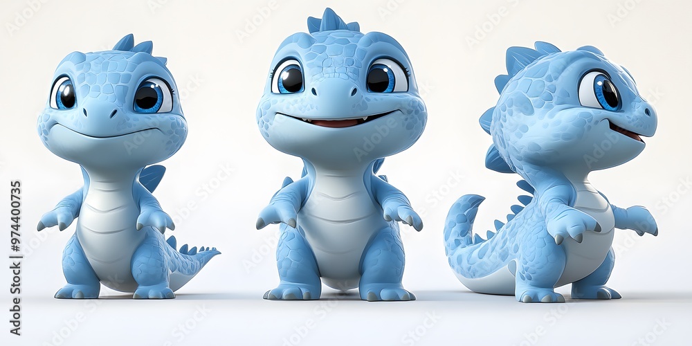Adorable Blue Dino Character Showcasing Whimsical Poses and Expressive Features in Bright Colors Adorable Blue Dino Character Showcasing Whimsical Poses and Expressive Features in Bright Colors