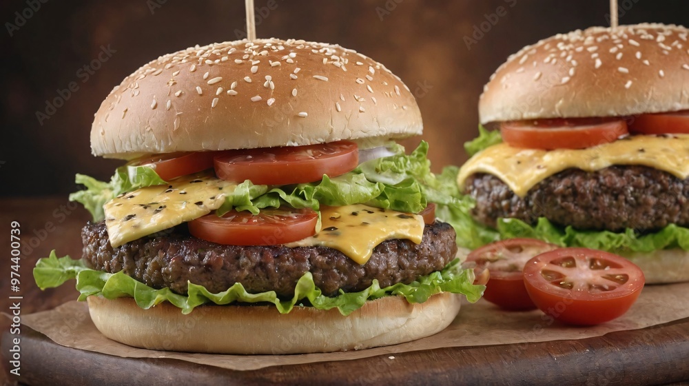 A hamburger with lettuce, tomato, and cheese, etc, Burger on brown background. A hamburger with lettuce, tomato, and cheese, etc, Burger on brown background.