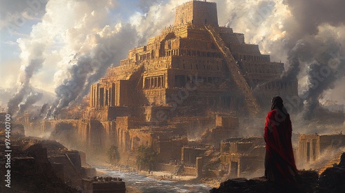 jonah in nineveh waiting for the city's fate, ancient portrait with biblical elements, religious art depicting prayerful moment