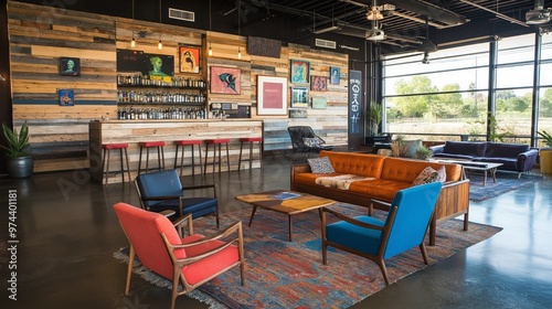 Stylish interior featuring reclaimed wood walls and furniture in a modern lounge setting with vibrant seating and decor elements