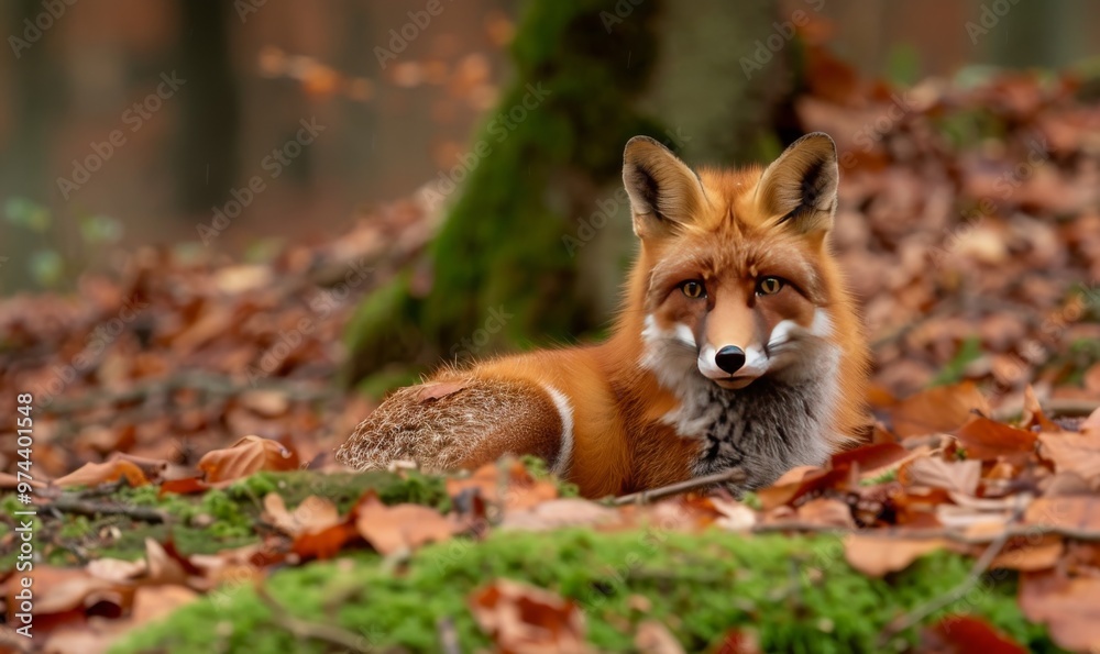 Naklejka premium Red Fox Resting on Moss in a Forest Covered With Autumn Leaves During Golden Hour Light