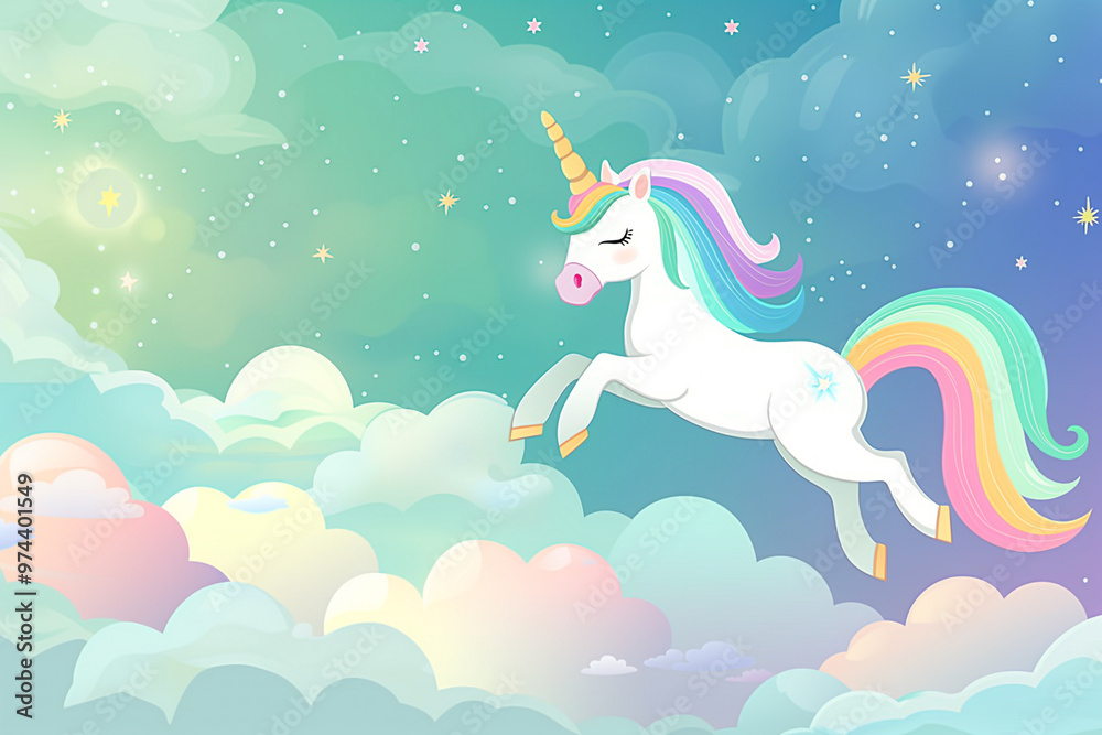 Magical rainbow unicorn landscape with clouds and stars in pastel sky Magical rainbow unicorn landscape with clouds and stars in pastel sky