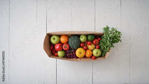 A paper bag with fruits and vegetable on the white wooden table, fruit and vegetable basket background image.